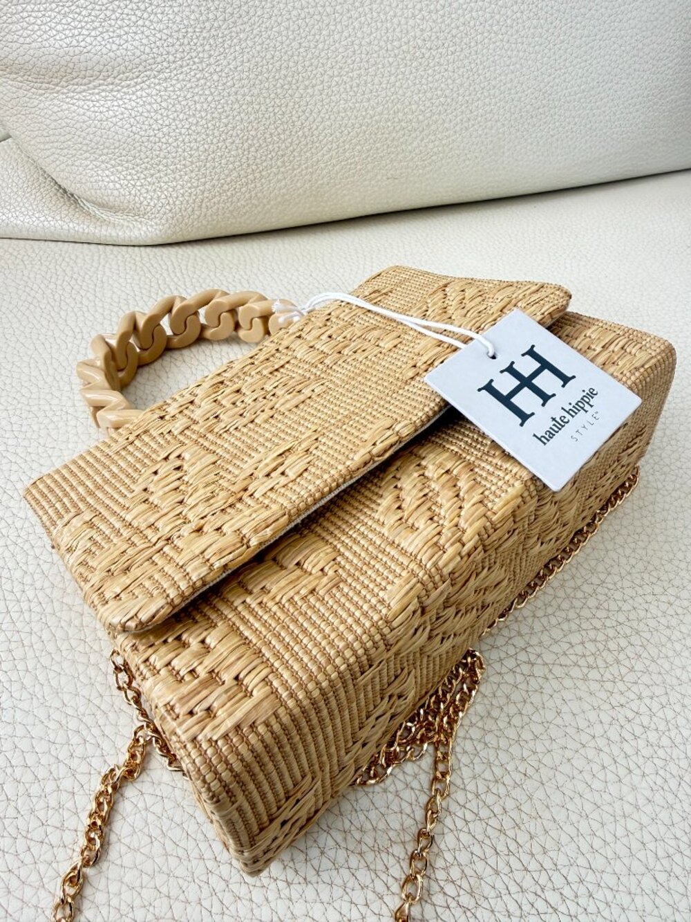 HAUTE HIPPIE WOVEN STRAW CROSSBODY BAG SATCHEL NATURAL ACRYLIC CHAIN - Picture 4 of 5